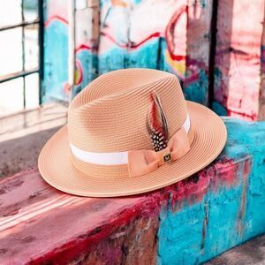 MONTIQUE MENS PEACH 2 1/2" BRIM 2 TONE FEDORA HAT W GROSGRAIN BAND & FEATHER H91